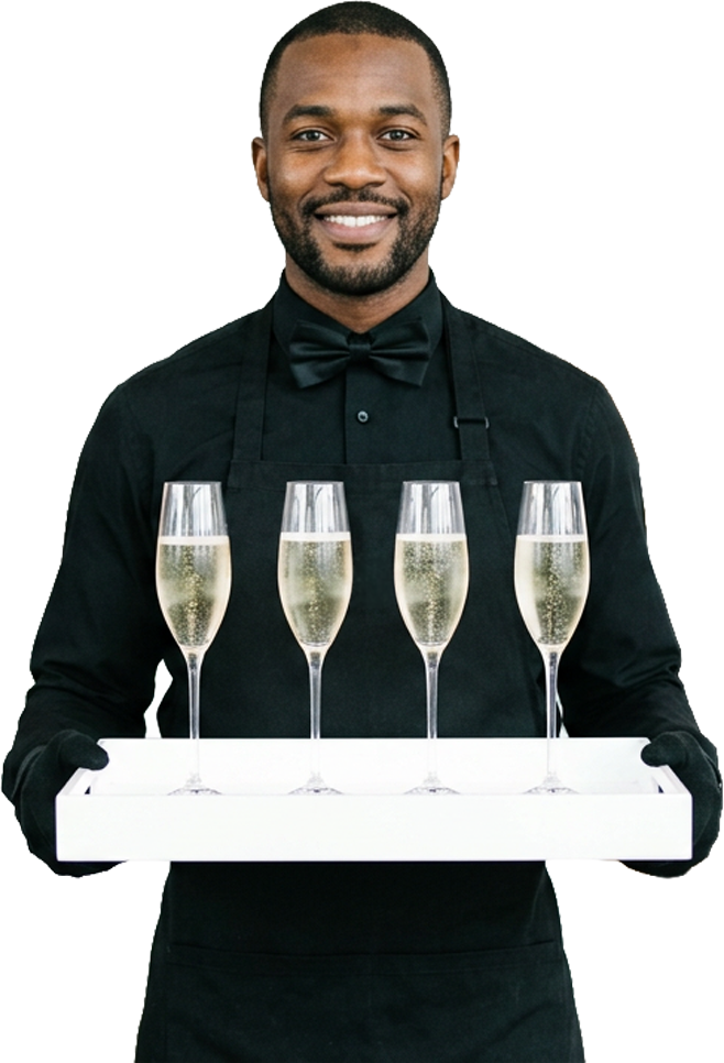 Tonkana catering service visual with a premium server holding champagne